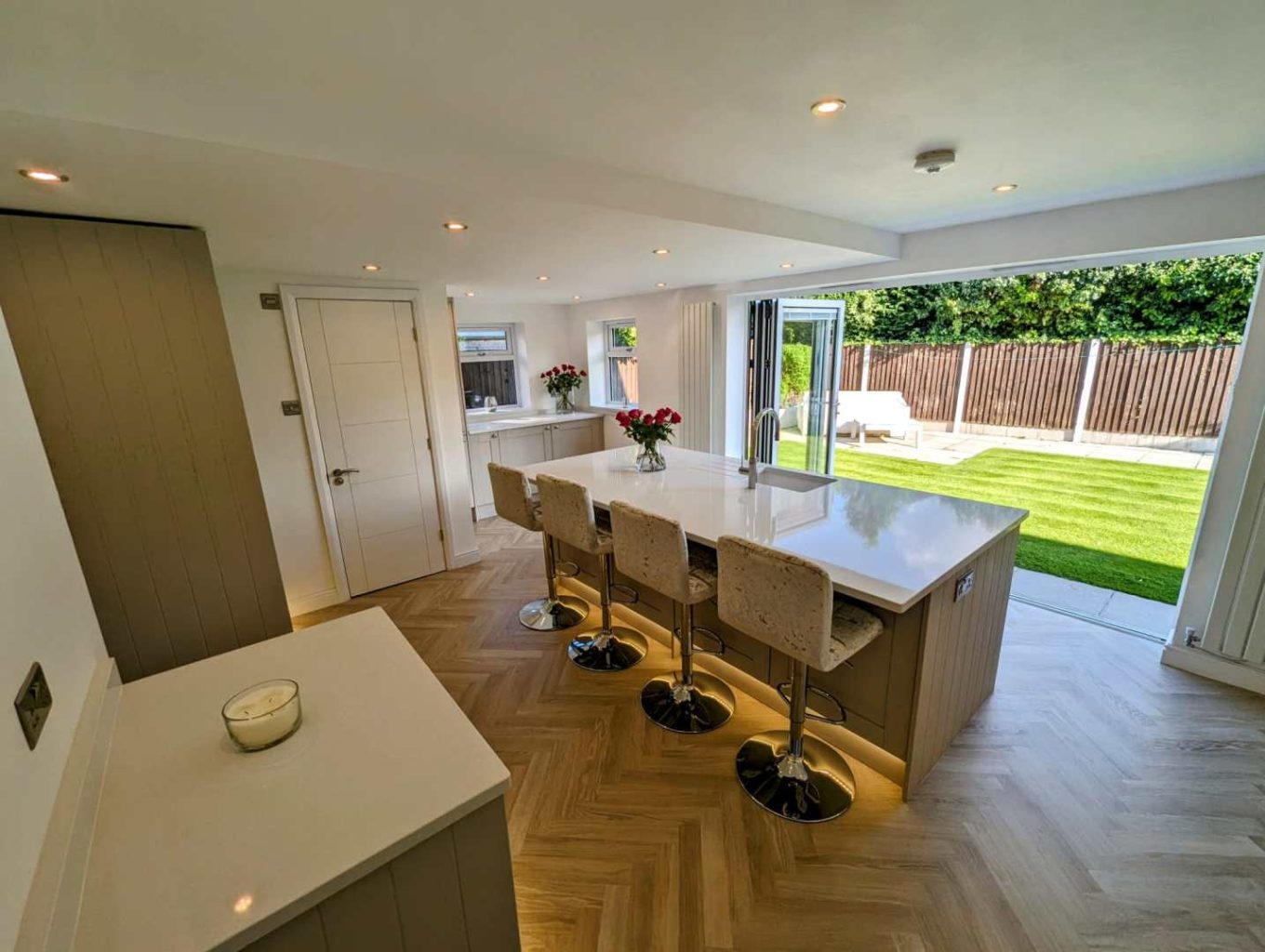 white porcelain worktops in a bright modern kitchen