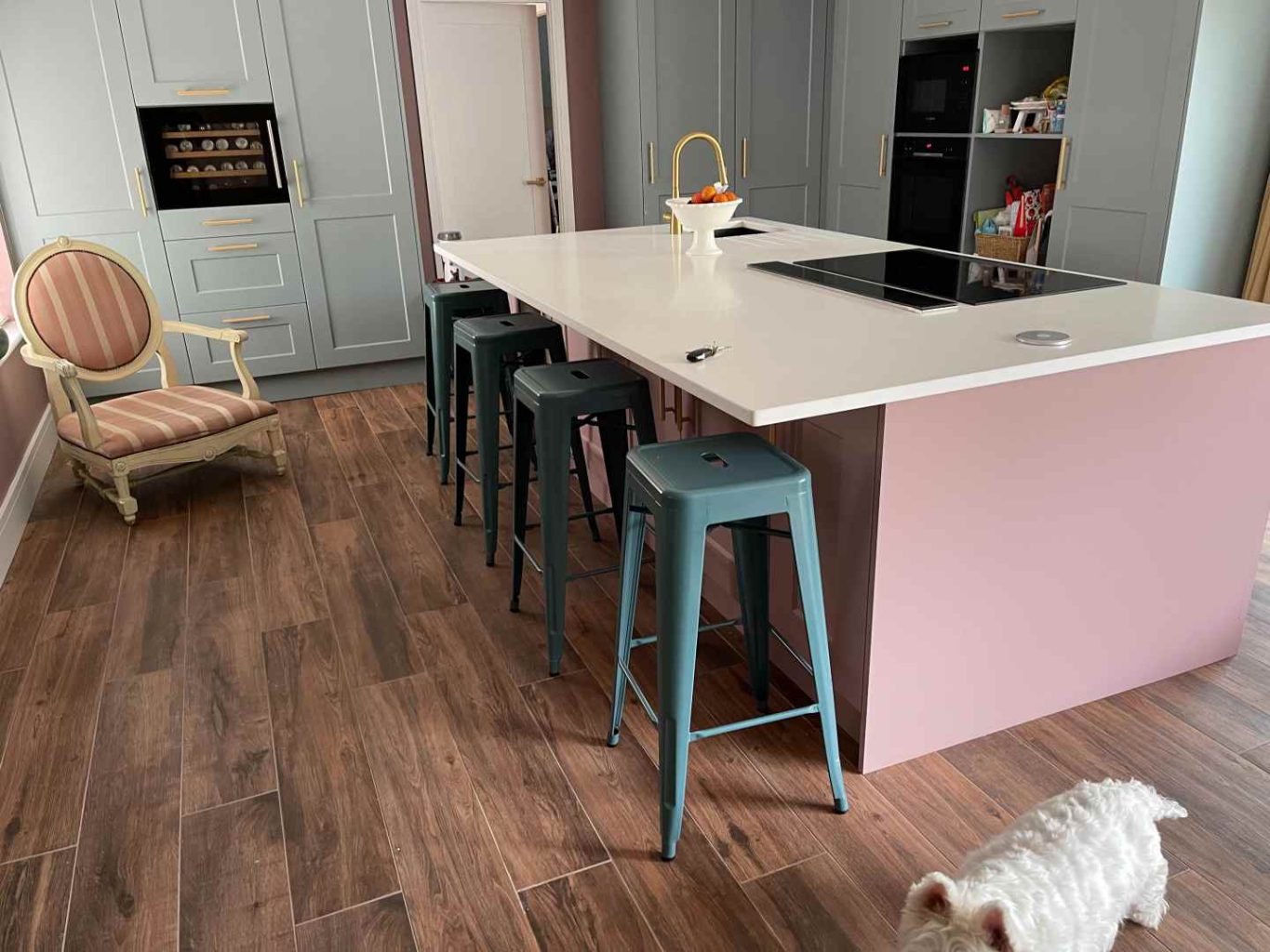 white worktops in a multicoloured kitchen